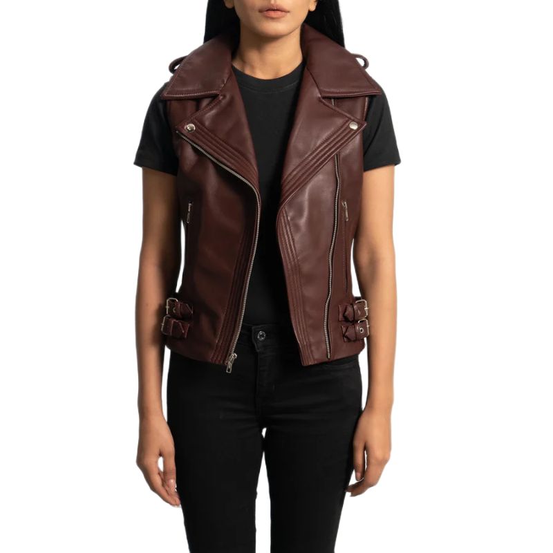 Rhonda Maroon Leather Biker Vest
