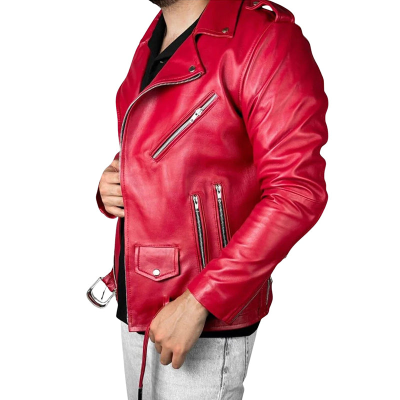 Men’s Red Solid Leather Biker Jacket