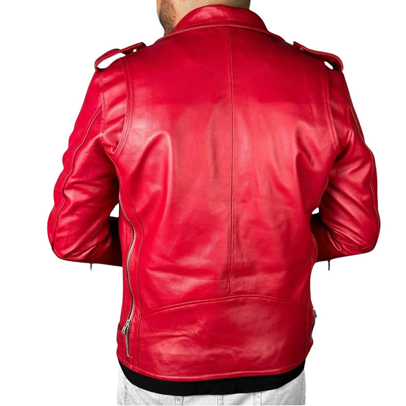 Men’s Red Solid Leather Biker Jacket