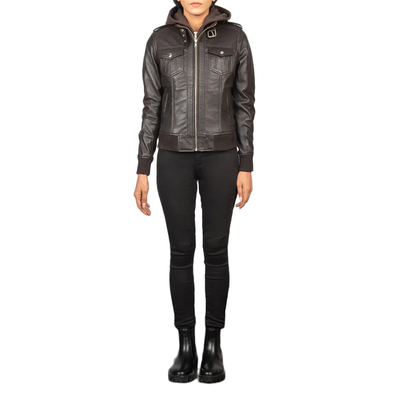 Roslyn Brown Hooded Leather Bomber Jacket