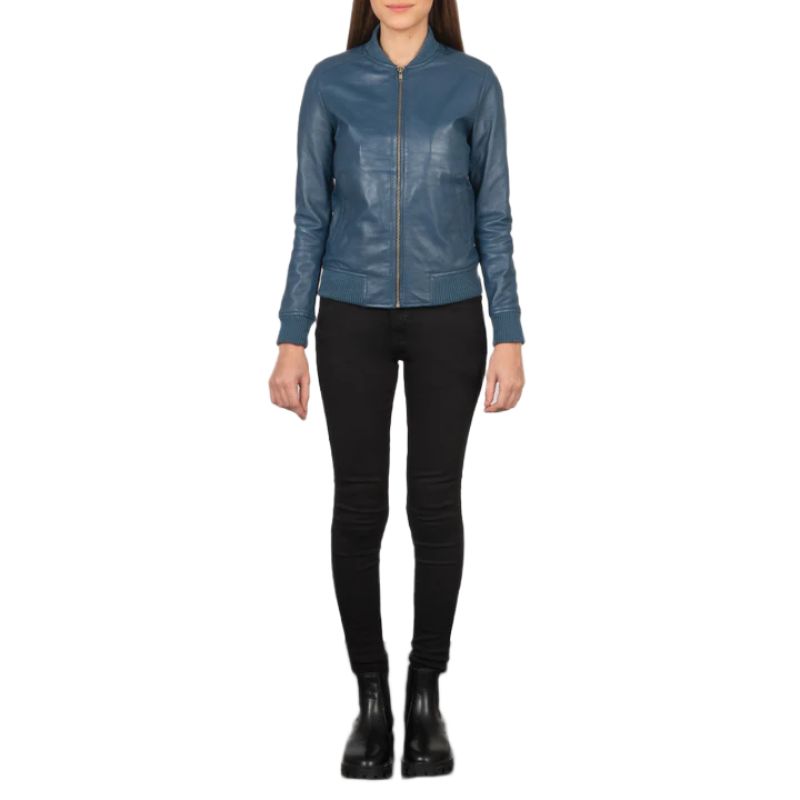Bliss Blue Leather Bomber Jacket