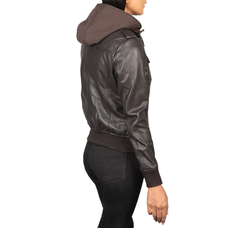 Roslyn Brown Hooded Leather Bomber Jacket
