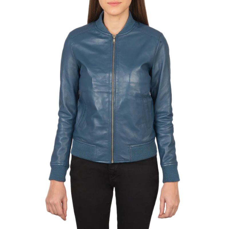 Bliss Blue Leather Bomber Jacket