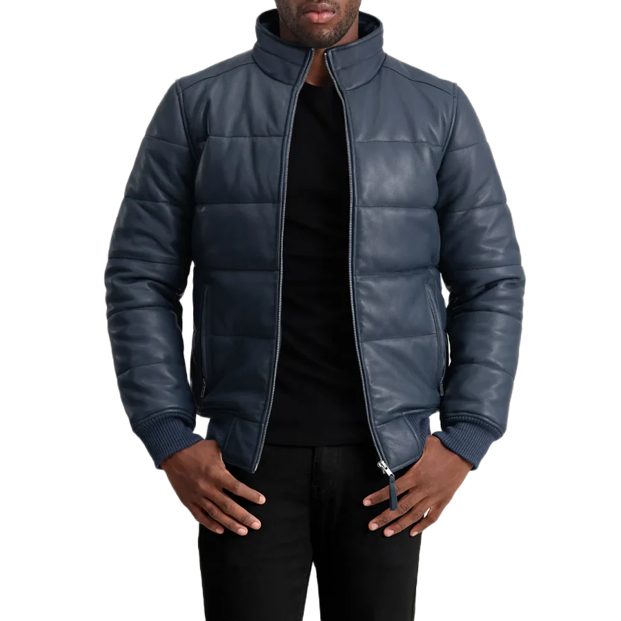 Lucas Blue Leather Puffer Bomber Jacket