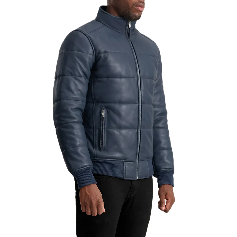 Lucas Blue Leather Puffer Bomber Jacket