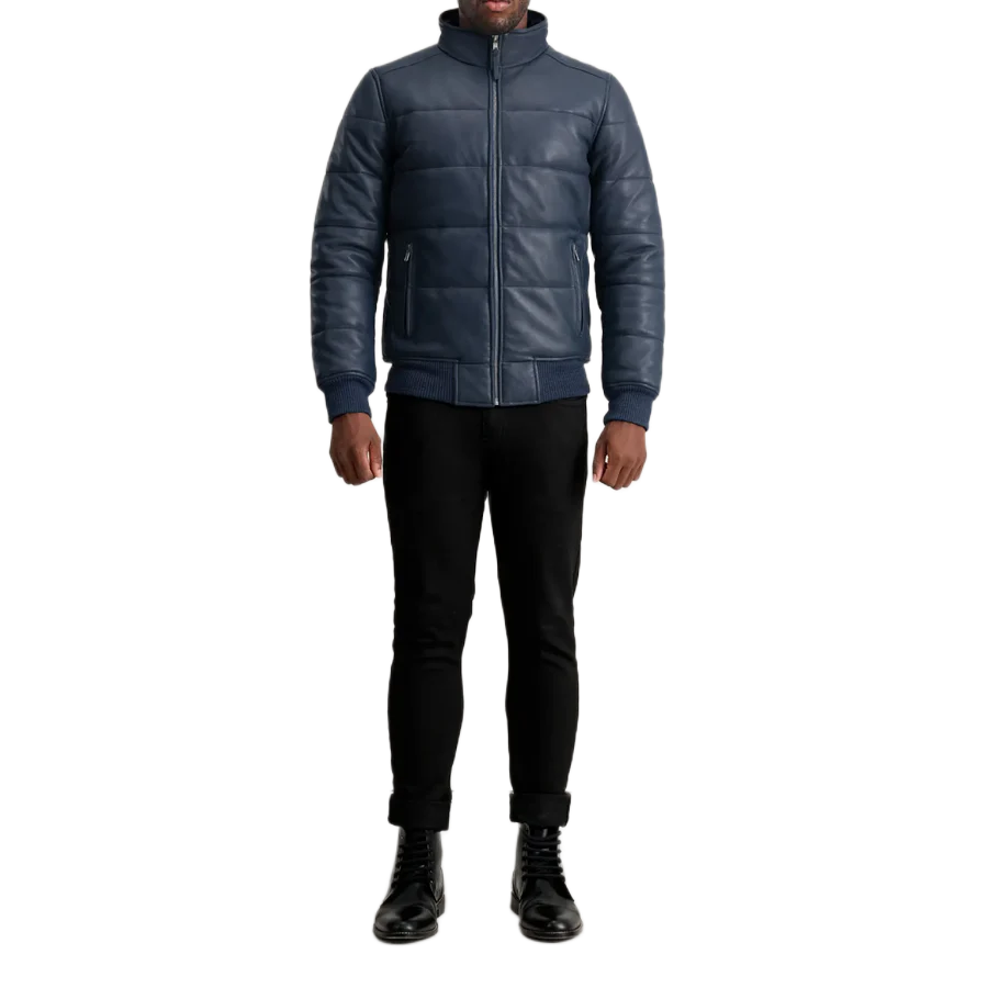 Lucas Blue Leather Puffer Bomber Jacket
