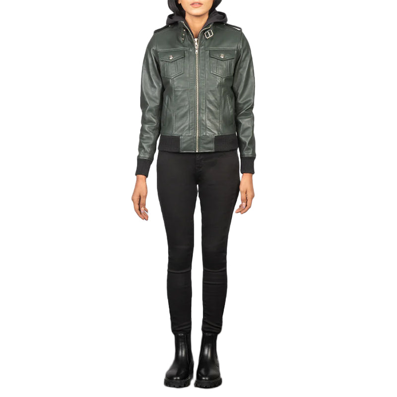 Roslyn Green Hooded Leather Bomber Jacket