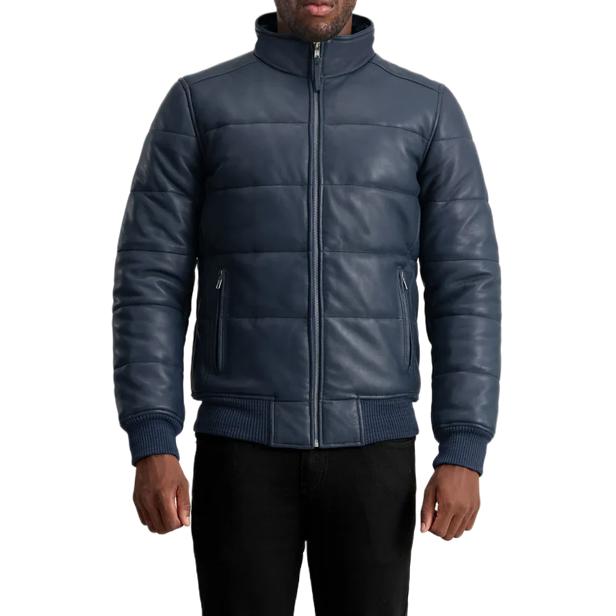 Lucas Blue Leather Puffer Bomber Jacket