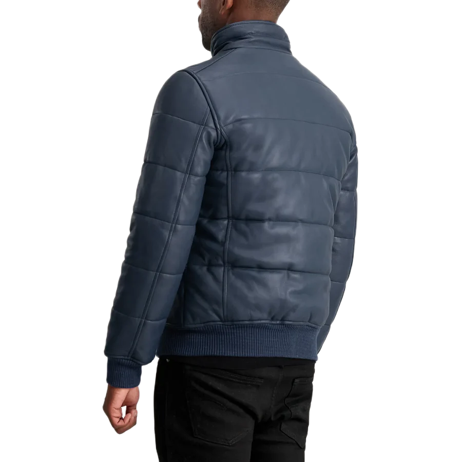 Lucas Blue Leather Puffer Bomber Jacket