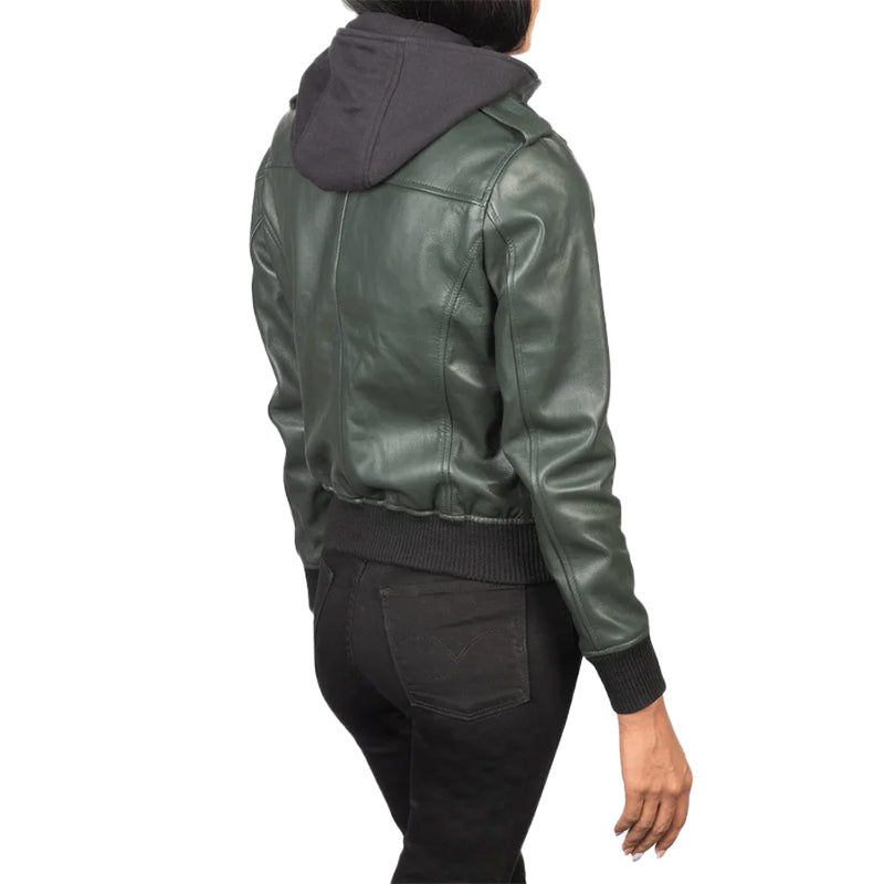 Roslyn Green Hooded Leather Bomber Jacket