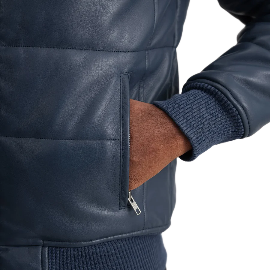 Lucas Blue Leather Puffer Bomber Jacket