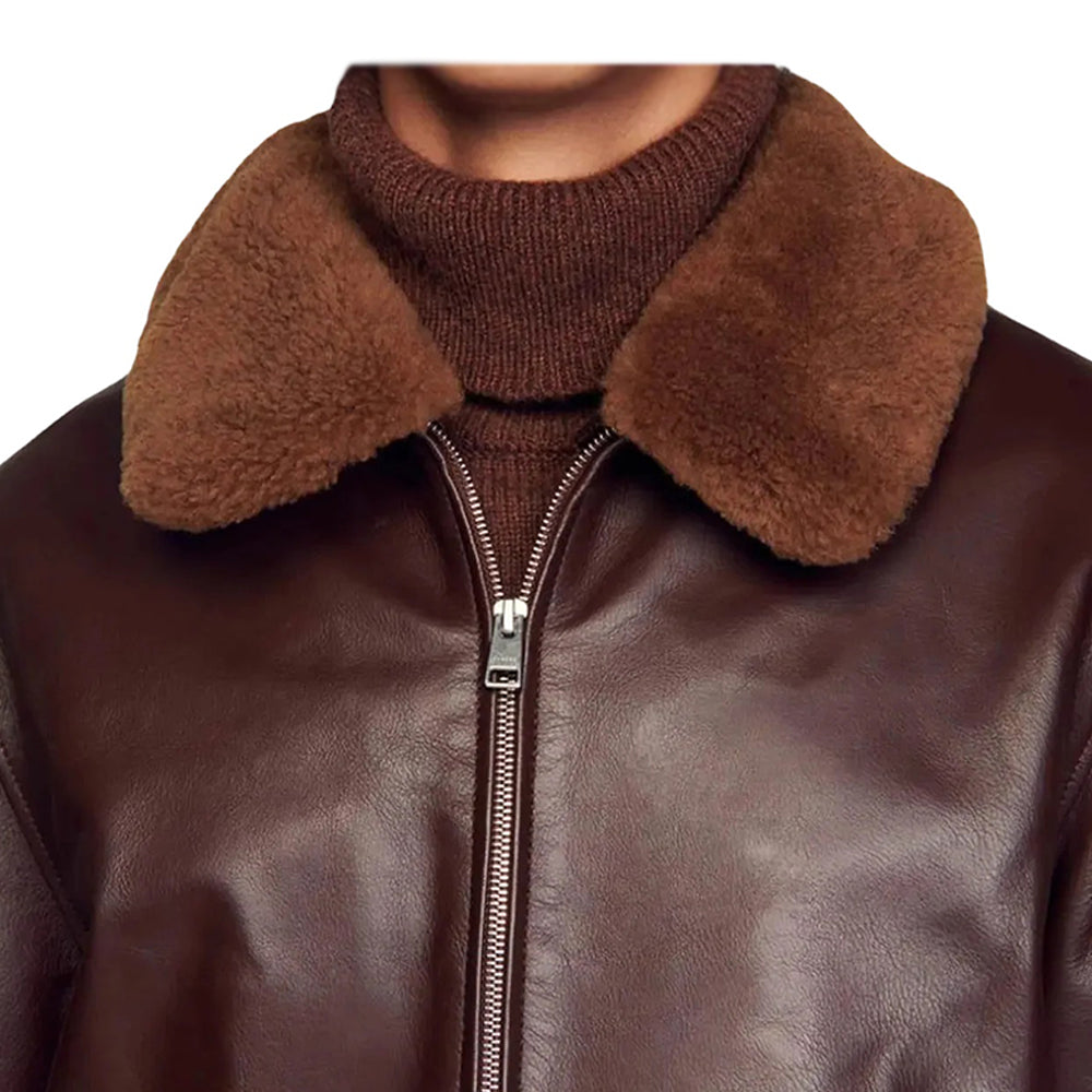 Men’s Dark Brown Leather Bomber Jacket with Shearling Collar