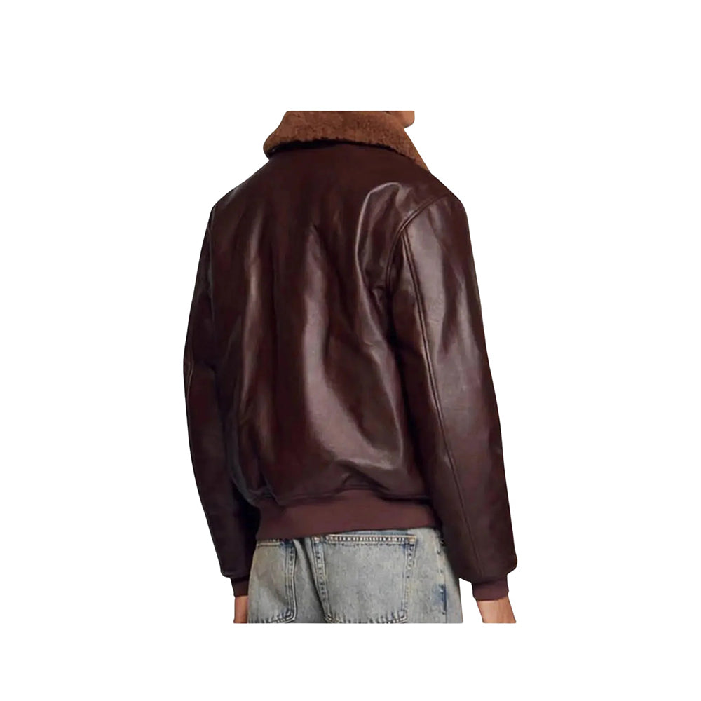 Men’s Dark Brown Leather Bomber Jacket with Shearling Collar